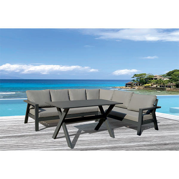 VALIA outdoor corner and coffee table in gray aluminium and gray cushions Casa di Gusto Furnishing Interiors